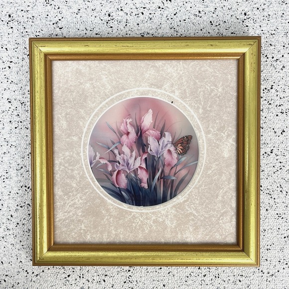 Vintage 70s/80s Johnny Lung Cottagecore Art Print Floral Iris Monarch Butterfly
